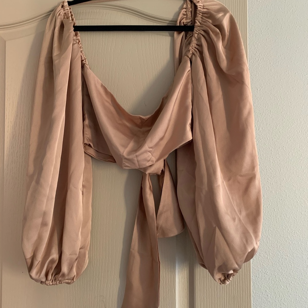 Satin cropped wrap tie blouse